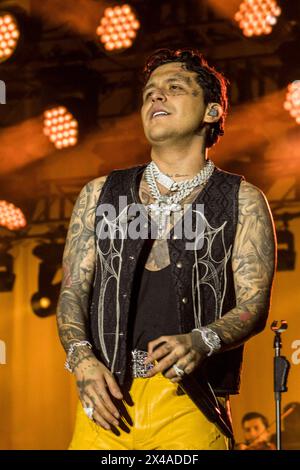 HERMOSILLO, MEXICO - APRIL 30: Christian Nodal  performs ,  during a concert at Explanada de las Estrellas de la ExpoGan Sonora on April 30, 2024 in Hermosillo, Mexico.(Photo by  Sebastian Gaxiola/Norte Photo) Stock Photo