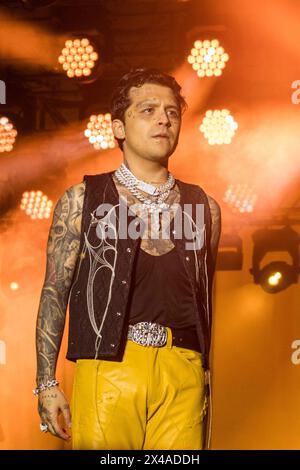 HERMOSILLO, MEXICO - APRIL 30: Christian Nodal  performs ,  during a concert at Explanada de las Estrellas de la ExpoGan Sonora on April 30, 2024 in Hermosillo, Mexico.(Photo by  Sebastian Gaxiola/Norte Photo) Stock Photo