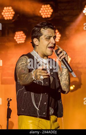 HERMOSILLO, MEXICO - APRIL 30: Christian Nodal  performs ,  during a concert at Explanada de las Estrellas de la ExpoGan Sonora on April 30, 2024 in Hermosillo, Mexico.(Photo by  Sebastian Gaxiola/Norte Photo) Stock Photo