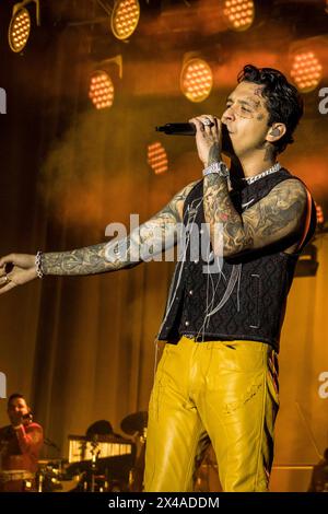 HERMOSILLO, MEXICO - APRIL 30: Christian Nodal  performs ,  during a concert at Explanada de las Estrellas de la ExpoGan Sonora on April 30, 2024 in Hermosillo, Mexico.(Photo by  Sebastian Gaxiola/Norte Photo) Stock Photo