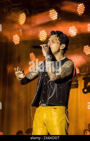 HERMOSILLO, MEXICO - APRIL 30: Christian Nodal  performs ,  during a concert at Explanada de las Estrellas de la ExpoGan Sonora on April 30, 2024 in Hermosillo, Mexico.(Photo by  Sebastian Gaxiola/Norte Photo) Stock Photo