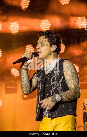 HERMOSILLO, MEXICO - APRIL 30: Christian Nodal  performs ,  during a concert at Explanada de las Estrellas de la ExpoGan Sonora on April 30, 2024 in Hermosillo, Mexico.(Photo by  Sebastian Gaxiola/Norte Photo) Stock Photo