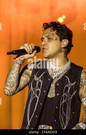 HERMOSILLO, MEXICO - APRIL 30: Christian Nodal  performs ,  during a concert at Explanada de las Estrellas de la ExpoGan Sonora on April 30, 2024 in Hermosillo, Mexico.(Photo by  Sebastian Gaxiola/Norte Photo) Stock Photo