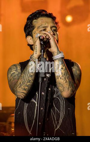 HERMOSILLO, MEXICO - APRIL 30: Christian Nodal  performs ,  during a concert at Explanada de las Estrellas de la ExpoGan Sonora on April 30, 2024 in Hermosillo, Mexico.(Photo by  Sebastian Gaxiola/Norte Photo) Stock Photo