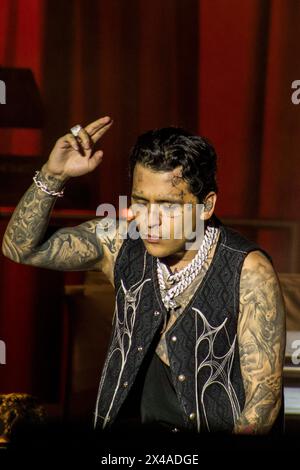 HERMOSILLO, MEXICO - APRIL 30: Christian Nodal  performs ,  during a concert at Explanada de las Estrellas de la ExpoGan Sonora on April 30, 2024 in Hermosillo, Mexico.(Photo by  Sebastian Gaxiola/Norte Photo) Stock Photo