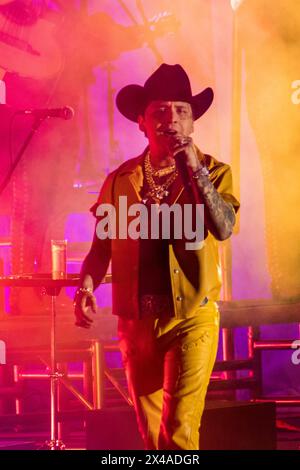 HERMOSILLO, MEXICO - APRIL 30: Christian Nodal  performs ,  during a concert at Explanada de las Estrellas de la ExpoGan Sonora on April 30, 2024 in Hermosillo, Mexico.(Photo by  Sebastian Gaxiola/Norte Photo) Stock Photo