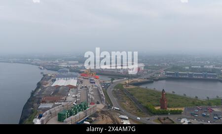 An aerial view of the Riverside Stadium home of Middlesbrough FC with the remains of St Hildas Church, Middlehaven in the foreground on the right. Middlesbrough, North Yorkshire, England on Wednesday 1st May 2024. (Photo: Mark Fletcher | MI News) Credit: MI News & Sport /Alamy Live News Stock Photo