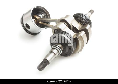 New piston installed on the crankshaft, isolated on white background Stock Photo