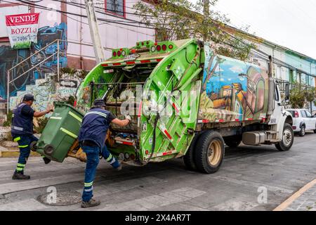 Refuse Collection Truck and Workers, Valparaiso, Valparaiso Region, Chile. Stock Photo