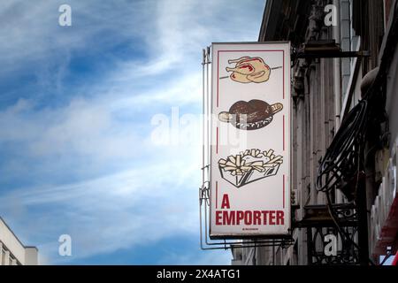 Picture of a store, a baraque a frites, or friterie, in the center of liege. A friterie is a belgian fastfood serving fries (french fries). Stock Photo