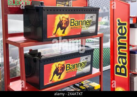 Picture of a sign with the logo of Banner batteries in a shop in Belgrade, serbia. Banner Batteries is a company that specializes in the production of Stock Photo