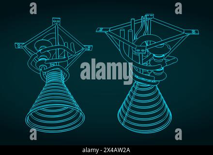 Stylized vector illustrations of blueprints of rocket engine Stock Vector