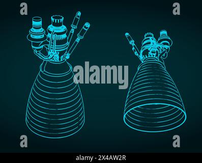 Stylized vector illustrations of blueprints of rocket engine Stock Vector