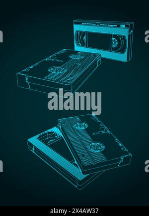 Vector illustration of VHS cassettes tape in different angles Stock Vector
