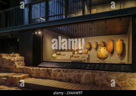 Jars, amphoras, jugs, clay objects in the forum of the city of Carthago Nova. Museum of the Roman Forum of Cartagena. Region of Murcia, Spain, Europe. Stock Photo