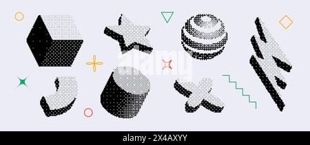 Bitmap textured shape set. Dither halftone geometric object collection. Black sphere, cube, arc, cylinder, star, bolt elements for banner, poster, leaflet. Pixel 3d raster effect bundle. Vector pack Stock Vector