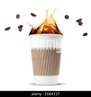 Aromatic coffee splashing in takeaway paper cup and flying roasted beans on white background Stock Photo