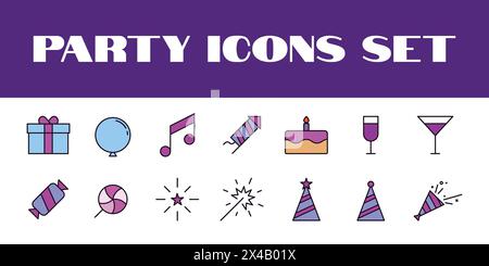 Birthday Party Icons Set Vector. Party Celebration Icons set Illustration. Birthday icons Stock Vector