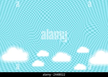 Blue psychedelic chequered background with white aura clouds. Stock Vector