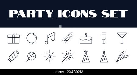 Birthday Party Icons Set Vector. Party Celebration Icons set Illustration. Birthday icons Stock Vector