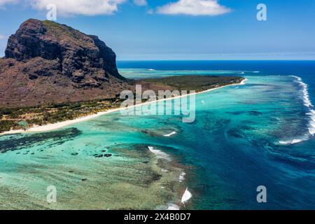 Aerial view of Mauritius island panorama and famous Le Morne Brabant mountain, beautiful blue lagoon and underwater waterfall. Aerial view of Le morne Stock Photo