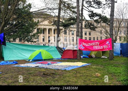 Ottawa, Canada - May 1, 2024: A pro-Palestinian protest has evolved from a sit-in to an encampment as several tents have been erected on the lawn of Tabaret Hall. This is despite the fact that the University declared that no encampments would be tolerated the day before. The group is demanding that the University disclose and divest any Investments it has with companies and organizations with ties to Israel. Similar protests have been taking places in other universities of the world. Stock Photo