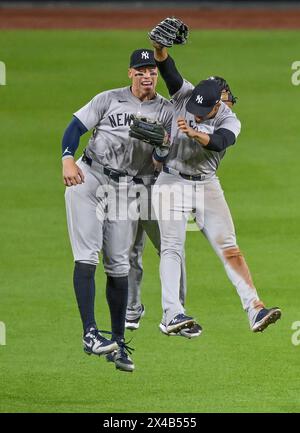 New York Yankees Trent Grisham Rounds First Base After Hitting A Solo Baltimore United States 01st May 2024 New York Yankees Outfielders Aaron Judge L Juan Soto C And Trent Grisham R Celebrate A 2 0 Win Over The Baltimore Orioles After The Ninth Inning At Camden Yards In Baltimore Maryland On Wednesday May1 2024 Photo By David Tulisupi Credit Upialamy Live News 2x4b555