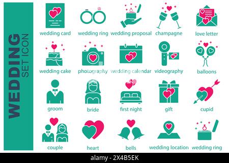 wedding icon set. groom, bride, cupid, wedding card and more. solid icon style. wedding element vector illustration Stock Vector