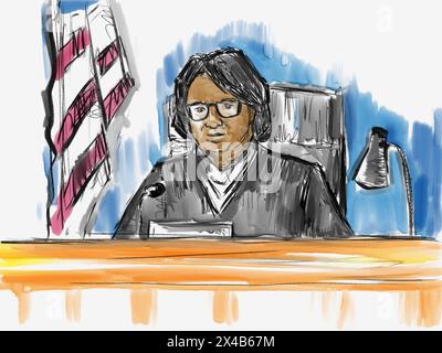 Pastel pencil pen and ink sketch illustration of a courtroom trial setting showing a black African American female Judge on a court case drama in judi Stock Photo