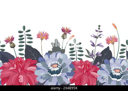 Vector floral seamless pattern, border. Zinnias, dahlias and cornflowers Stock Vector