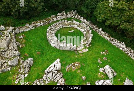 Din Lligwy Celtic Iron Age Roman village near Moelfre, Anglesey, north Wales, UK. One of the circular stone hut foundations Stock Photo