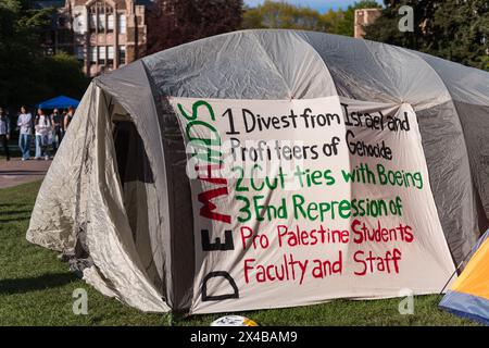 Seattle, USA. 1st May 2024.  The Pro Palestine Protestor encampment in Red Square at the continues to grow, Day 3 now over 30 tents. Student activists have been gathering on campus across the country setting up tents refusing to leave calling for a ceasefire in Gaza. The first encampment protests originating in New York City, this is the second Washington state Encampment protest to emerge following a similar event in Olympia. Credit: James Anderson/Alamy Live News Stock Photo