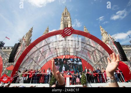 Vienna, Austria. 01st May, 2024. AUSTRIA; VIENNA; 20240501; Chairman of the Social Democratic Party of Austria (SPOe) Andreas Babler on the stage during his speech during the Labor Day celebration in front of the town hall in Vienna on May 1, 2024. /// ÖSTERREICH; WIEN; 20240501; Vorsitzender der Sozialdemokratische Partei Österreich (SPÖ) Andreas Babler an der Bühne während seiner Rede während der Tag der Arbeit Feier vor dem Rathaus in Wien am 01. Mai 2024. - 20240501 PD4506 Credit: APA-PictureDesk/Alamy Live News Stock Photo