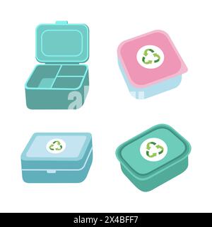 Reusable lunch Boxes set. Sustainable lifestyle, zero waste, ecological concept. Vector illustration in cartoon style. Recycling, waste management, ecology, sustainability. Stock Vector