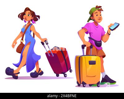 Man and woman travel with suitcase. Tourist people on vacation trip with luggage. Young character go abroad in summer holiday isolated icon set. Male passenger walk with phone and baggage design Stock Vector