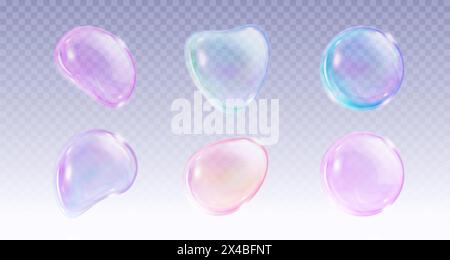 Color soap bubbles set isolated on transparent background. Vector realistic illustration of shampoo and water balls with light reflection on iridescent surface, laundry or bathroom design elements Stock Vector