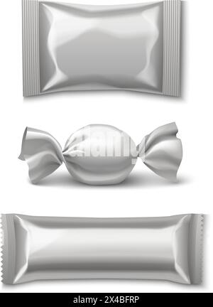 Candy foil package mockup. Realistic 3d vector illustration set of sweet dessert pack. template of blank grey polyethylene wrapper packet for chocolate, waffle and bonbon caramel confectionery. Stock Vector
