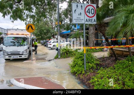 Thursday 2nd May 2024, Following heavy rains across Sydney and New South Wales, the Sydney village of Avalon Beach was partially flooded following a water pipe blockage, Sydney Water utility company attended the scene whilst residents either closed their shops or used sand bags to divert the water away, Sydney,NSW,Australia. Credit Martin Berry @ alamy live news. Stock Photo