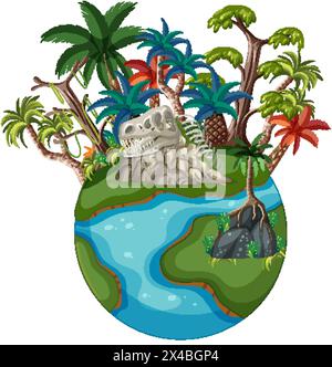Illustration of a lush island with dinosaur remains. Stock Vector