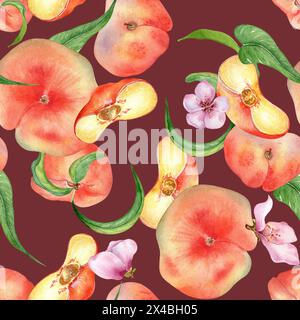 Watercolor flat peaches with leaves and flowers seamless pattern isolated on dark. Fruits and flowers pattern painted. Chines Fig peaches hand drawn. Stock Photo