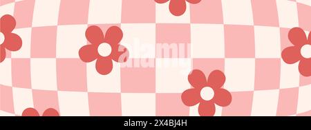 Psychedelic Checkerboard. Abstract groovy background with funky flowers. Hippie horizontal backdrop. Y2k aesthetic. Retro playful vector illustration Stock Vector