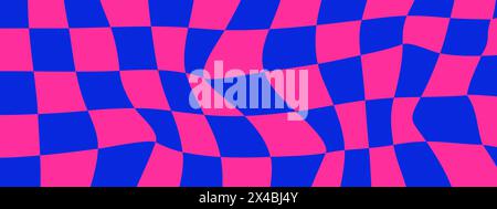 Psychedelic Checkerboard. Waves groovy background. Hippie wallpaper in Y2k style. Retro vector illustration. Distorted geometric pattern. Twisted Stock Vector