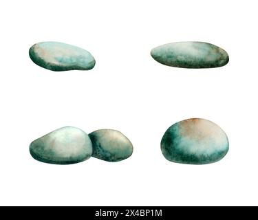 Underwater sea stones watercolor illustration set. Hand drawn pebbles in green turquoise monochrome colors Stock Photo