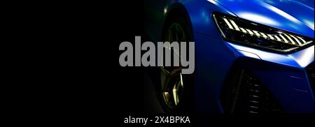 Front view of the LED headlights modern blue car	, copy space Stock Photo