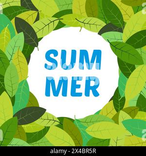 Background with summer leaves with inscription summer in the center. Vector illustration. Stock Vector