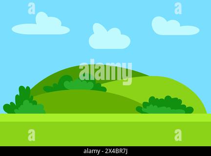 Natural cartoon landscape in the flat style with green hills, blue sky  and clouds at sunny day. Vector illustration Stock Vector