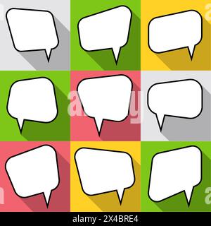 Set of nine cartoon comic balloon speech bubbles in flat style. Elements of design comic books without phrases. Vector illustration Stock Vector