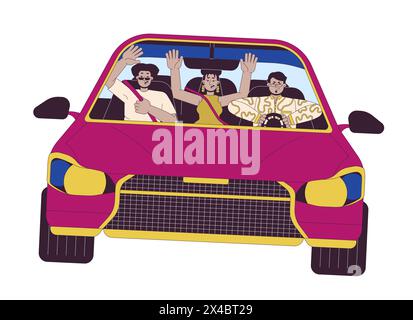 Multiracial friends riding car recklessly 2D linear cartoon characters Stock Vector