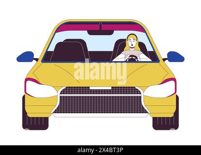 Shocked woman driving car 2D linear cartoon character Stock Vector