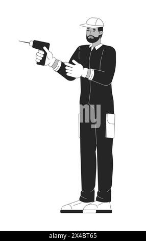 African american repairman with drill black and white 2D line cartoon character Stock Vector